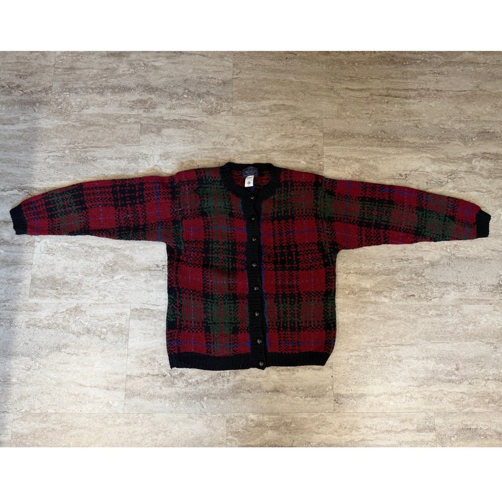 Woolrich Woman Vintage‎ 100% Wool Plaid Cardigan Sweater Red Green Size M